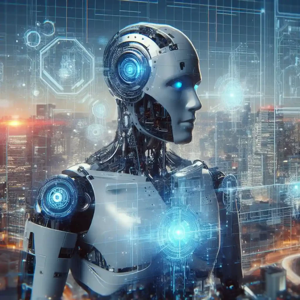 Imagem de um robô futurista representando automação em processos empresariais com elementos tecnológicos e urbanos ao fundo.