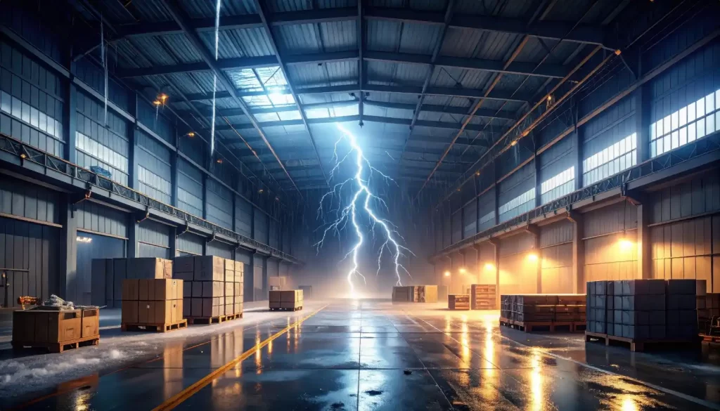 Interior de um galpão industrial com chuva e piso molhado, iluminação de segurança e um raio atingindo o teto, simbolizando o risco dos raios para galpões, fazendas e indústrias.